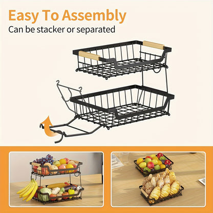 2 Tier Countertop Fruit Basket with 2 Banana Hangers - Detachable Metal Organizer for Bread, Vegetables & Fruits, Large Capacity Rectangular Storage Stand with Wooden Handle, Black