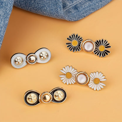 8 Pack Adjustable Waistband Buttons – Removable Instant Denim Pins, No-Sew Tighteners for Loose Jeans, Daisy Flower Design, White