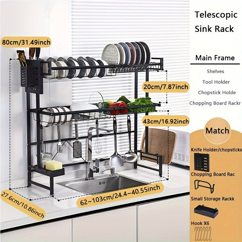 Expandable Stainless Steel Sink and Bowl Rack - 2 Layer Adjustable with Cutlery and Chopstick Rack, Black