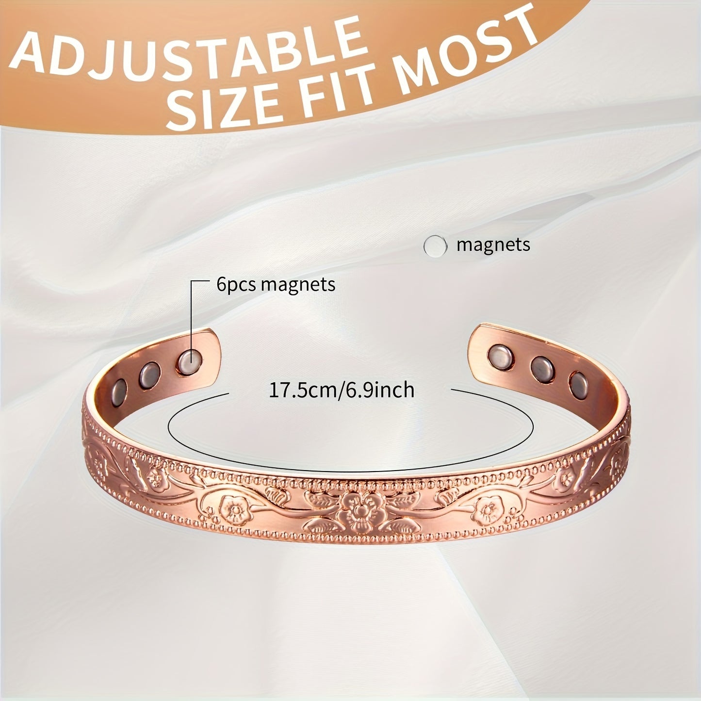 Women's Copper Magnetic Bracelet – Vintage Flower Design, 3500 Gauss Strength, Adjustable Cuff Bracelet