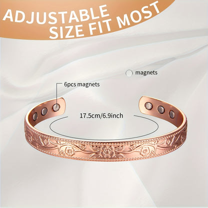 Women's Copper Magnetic Bracelet – Vintage Flower Design, 3500 Gauss Strength, Adjustable Cuff Bracelet