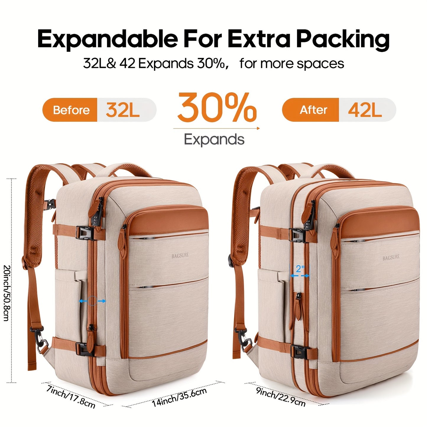 Bagsure 42L Travel Backpack – Flight Approved Expandable Carry-On, Laptop Backpack with Hidden Shoulder Straps, Weekender Bag, Includes Packing Cubes and Shoe Pocket