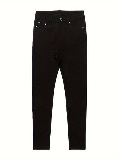 Women's High Waist Stretch Jeans - Street Style Skinny Denim Pants with Metal Button Details, Plain Black Casual Fashion