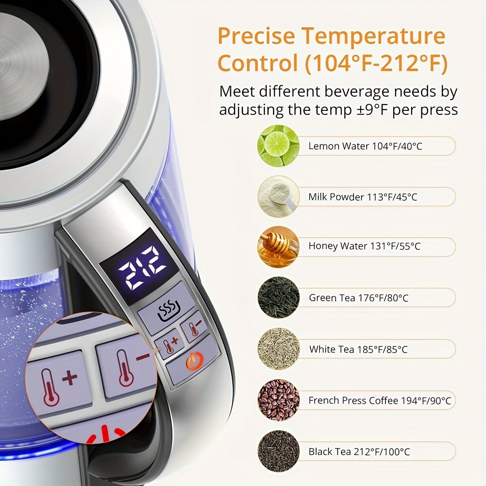 1.8L Electric Glass Kettle – Precise Temp Control, 24H Insulation, Stainless Steel Strainer for Tea & Coffee