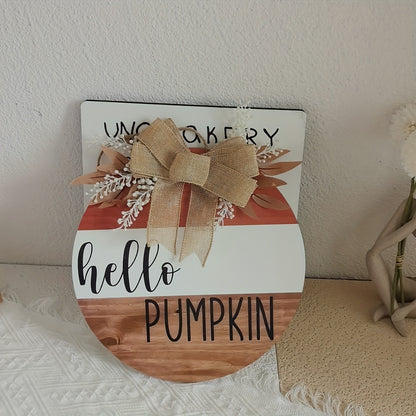 Rustic Wooden Hello Pumpkin Sign – Round Autumn Door Hanger with Bow and Foliage for Fall Harvest Home Decor
