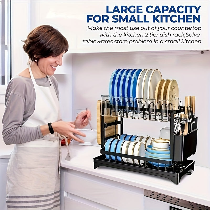 2-Tier Large Stainless Steel Dish Drying Rack with Drainboard – Black Dish Drainer for Kitchen Counter – Includes Space for Dishes, Knives, Cups, Cutting Board