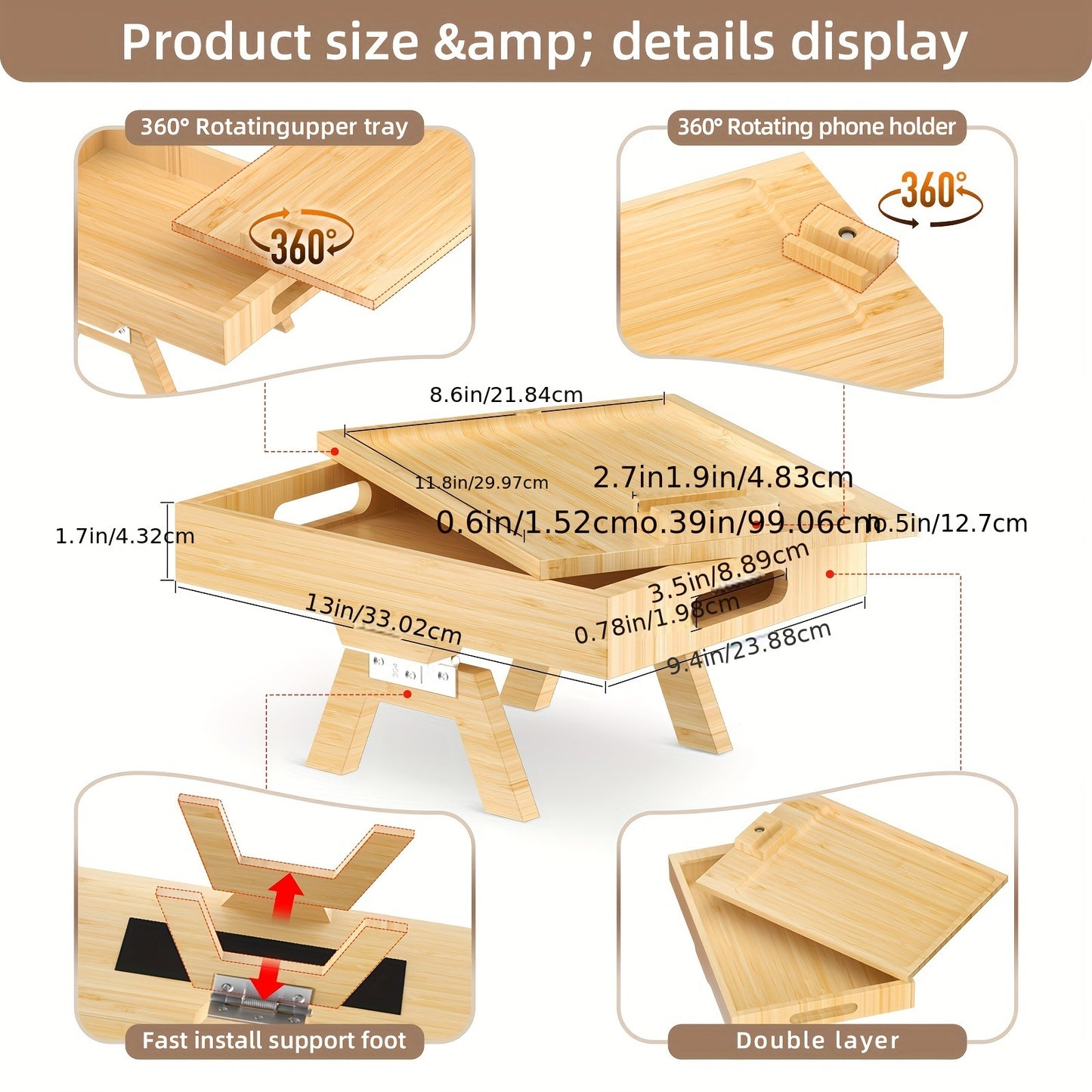 Sofa Armrest Tray with Storage Box - 360° Rotating Bamboo Arm Table, Phone Holder, Remote & Drink Cup Organizer, Food Tray for End Table