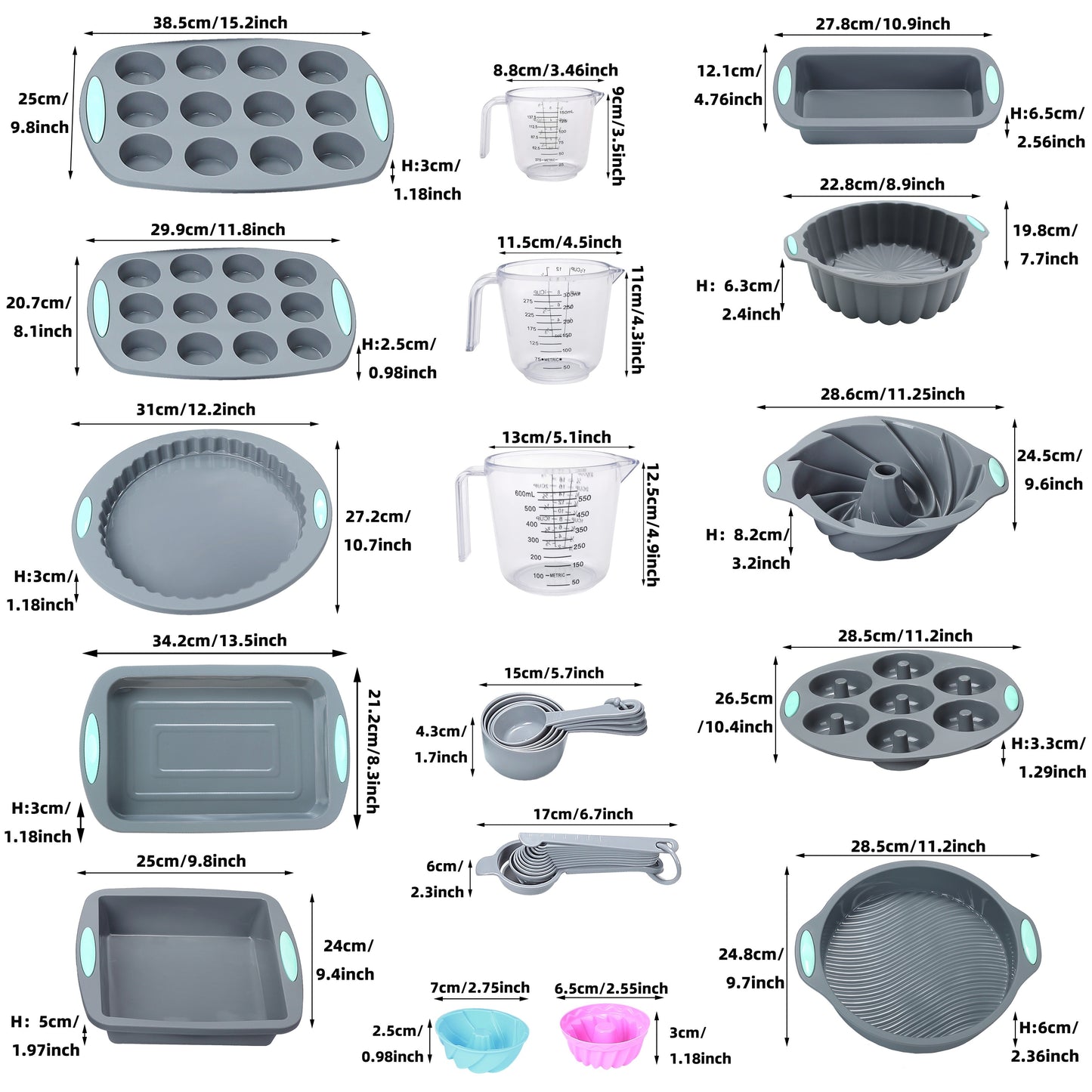 45pcs Silicone Baking Set - Nonstick Bakeware for Cookies, Cakes, Muffins, Bread, Pizza, Mini Cupcakes, Bundt, Charlotte Cake Pan, Includes Measuring Cups & Spoons, Baking Tools