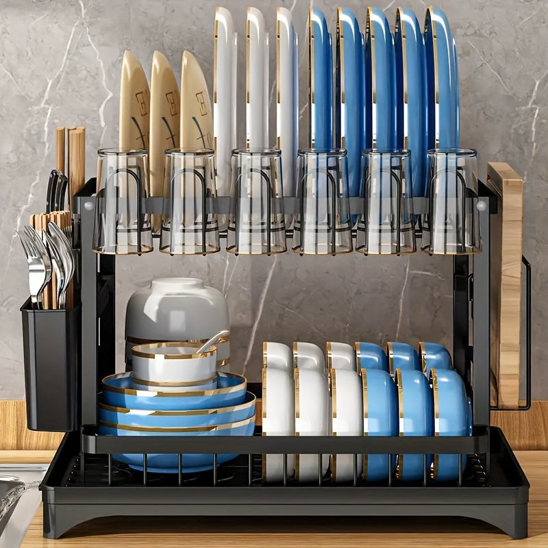 2 Tier Rustproof Metal Dish Rack with Drainboard and Utensil Holder – Space-Saving Kitchen Countertop Organizer for Dishes and Utensils, Easy to Clean