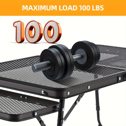 Portable Folding Camping Table with 2 Wing Panels – Height Adjustable, Mesh Desktop, Ideal for Picnic, BBQ, Camping & Beach