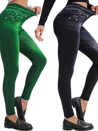 2 Pack Imitation Denim Print Pants - Casual Stretchy Everyday Pants for Women