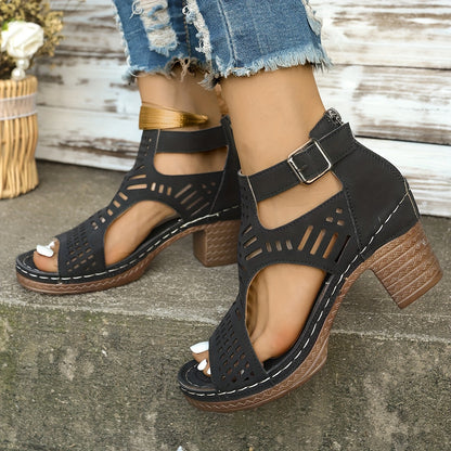 Chic Hollow-Out Wedge Sandals with Thick Sole & Zip Closure - Comfortable Summer Footwear