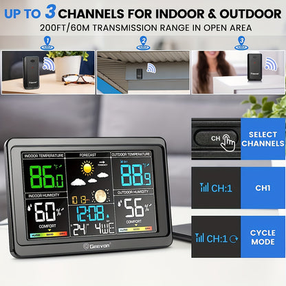 Geevon Wireless Weather Station - Indoor/Outdoor Thermometer with Color Display, Digital Temperature Gauge, Barometer, Calendar, USB Charge, and Adjustable Backlight (Battery Operated)
