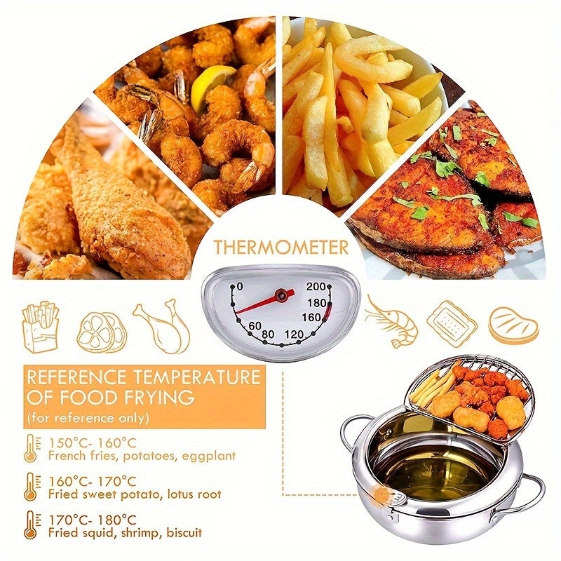 304 Stainless Steel Tempura Fryer Pot – 2.2L, Non-Stick, with Thermometer & Lid for Chicken & Tempura