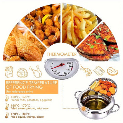 304 Stainless Steel Tempura Fryer Pot – 2.2L, Non-Stick, with Thermometer & Lid for Chicken & Tempura