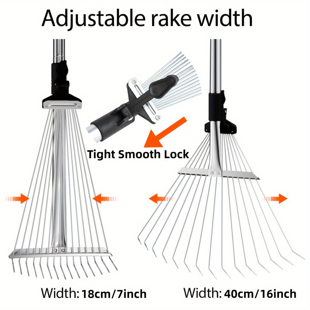 Adjustable Metal Leaf Rake with Long Handle - Heavy-Duty Garden Rake for Lawns, Expandable Head for Leaves, Perfect for Women, Kids, Gardening, and RV Camping