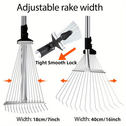 Adjustable Metal Leaf Rake with Long Handle - Heavy-Duty Garden Rake for Lawns, Expandable Head for Leaves, Perfect for Women, Kids, Gardening, and RV Camping