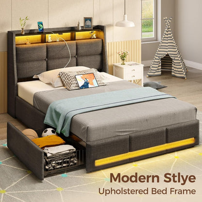 Twin Full Queen Bed Frame with LED Lighting and Charging Station - PU Leather/Neutral Linen Storage Headboard, Drawers, Heavy Duty Wood Slats, Easy Assembly - Modern Bedroom Furniture Upgrade