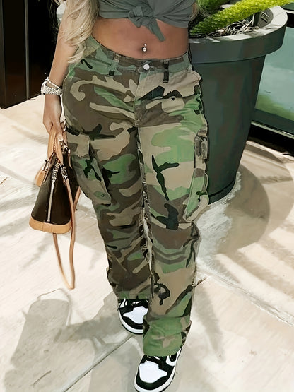 Fashionable High-Waist Camouflage Cargo Jeans – Sleek Straight Fit with Medium Stretch & Stylish Flap Pockets – Trendy High-Rise Denim Pants for Women