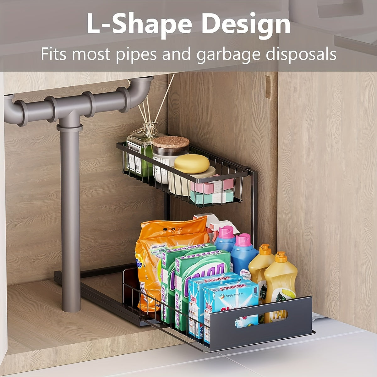 2 Tier Under Sink Organizer: Slide-Out Kitchen & Bathroom Cabinet Storage Shelf, Sturdy Metal Construction