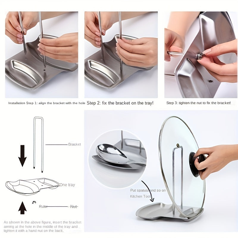 Stainless Steel Lid and Spoon Rest Stand - Detachable Pan Cover Holder, No-Drill Kitchen Organizer with Drip Tray, Eid Mubarak Special Cookware Accessory, Metal Material