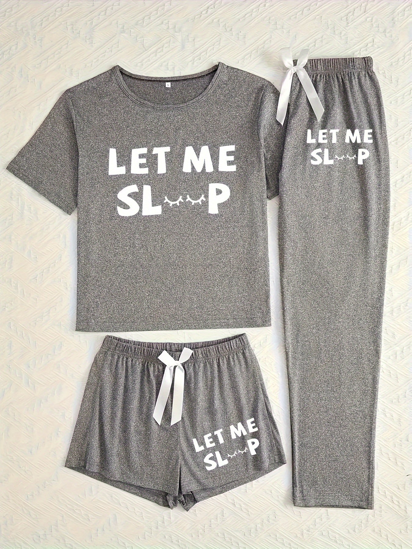 Women's 3-Piece Casual Pajama Set with Letter Print - Includes Short Sleeve Top, Long Pants and Shorts