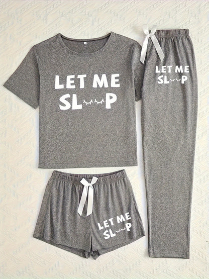 Women's 3-Piece Casual Pajama Set with Letter Print - Includes Short Sleeve Top, Long Pants and Shorts