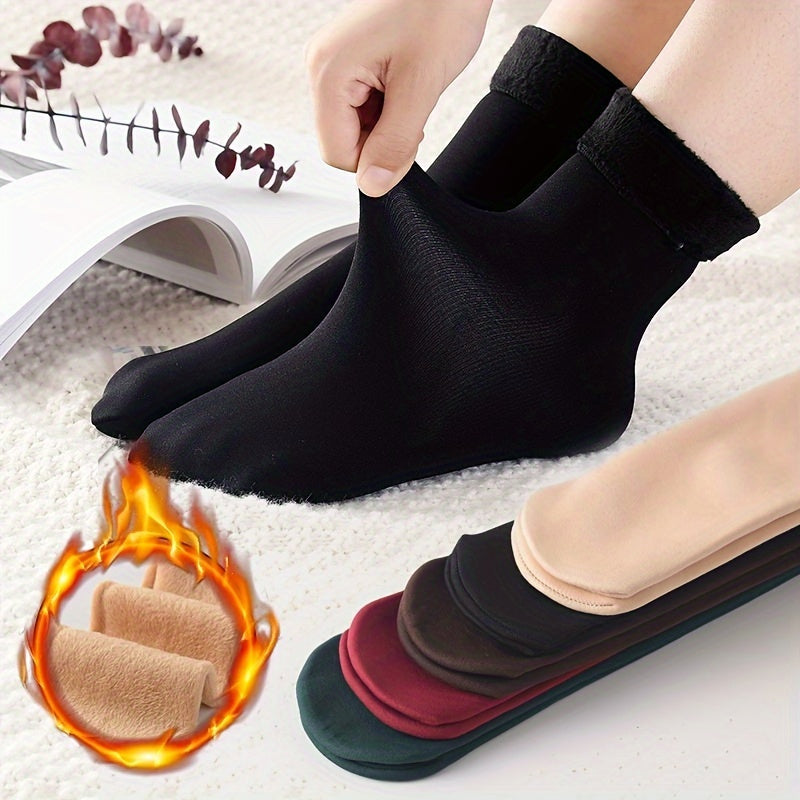 6 Pairs Winter Thermal Socks - Unisex Thickened Fleece-Lined Mid-Calf Boot Socks in Solid Colors - Soft Polyester and Spandex Fabric, Hand Wash Recommended