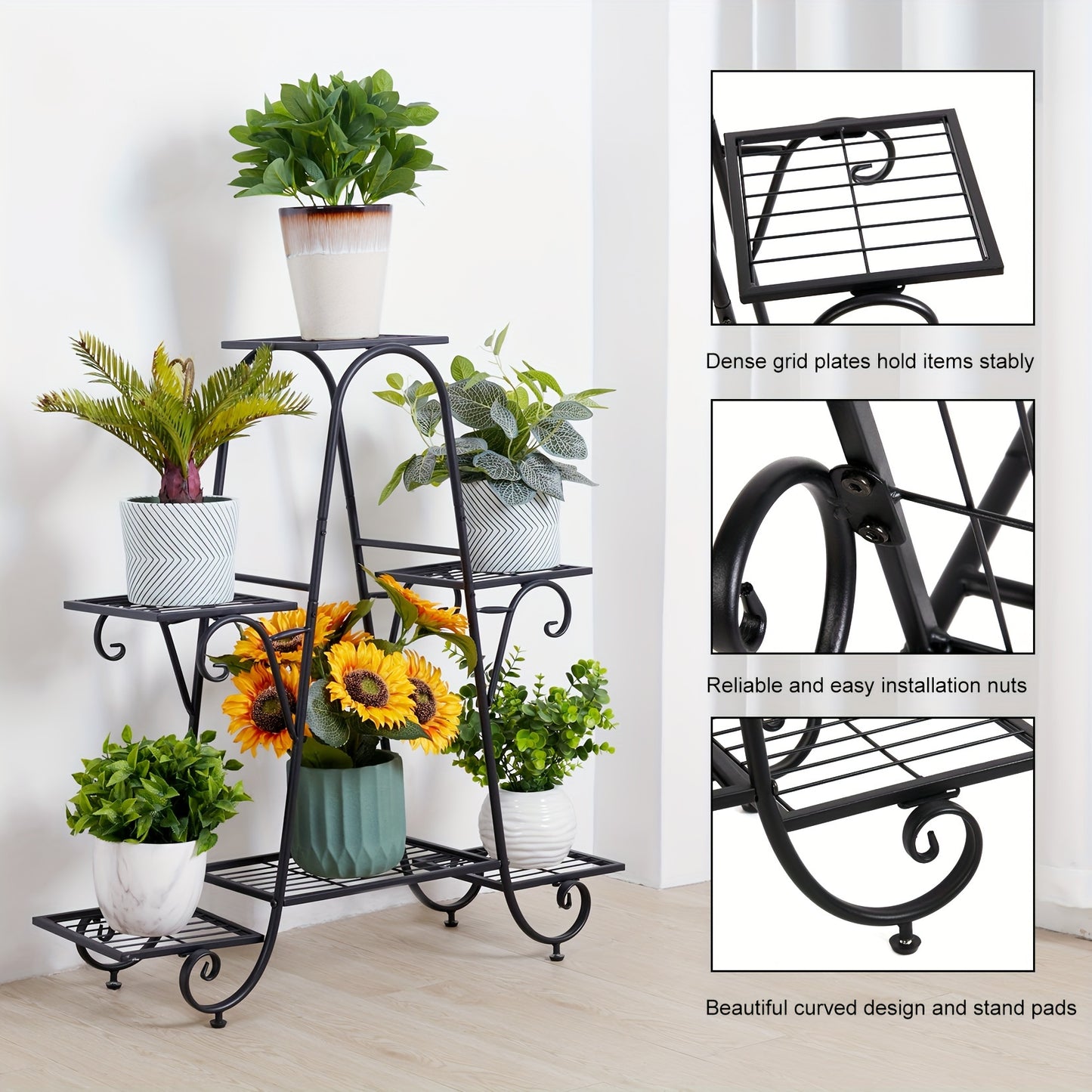 6 Tier Metal Plant Stand - Space-Saving Multi-Plant Display Rack - Sturdy Black Flower Pot Holder for Home and Patio Decor