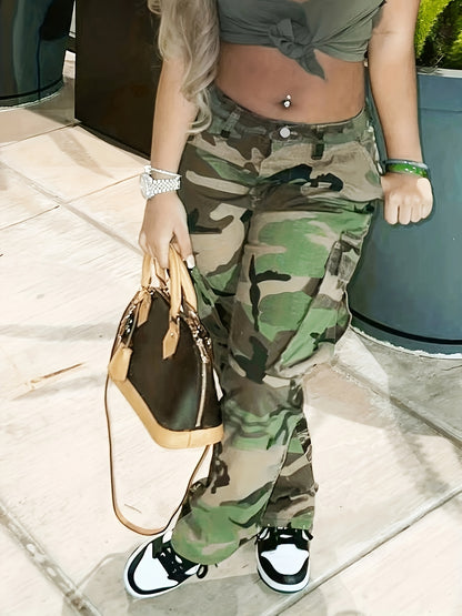 Fashionable High-Waist Camouflage Cargo Jeans – Sleek Straight Fit with Medium Stretch & Stylish Flap Pockets – Trendy High-Rise Denim Pants for Women