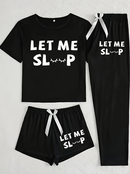 Women's 3-Piece Casual Pajama Set with Letter Print - Includes Short Sleeve Top, Long Pants and Shorts