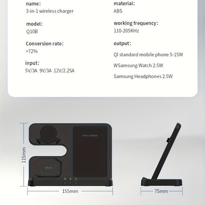3 in 1 Fast Wireless Charger Stand - Compatible with Samsung Galaxy S24/S23 Ultra, Z Flip/Fold Series, Galaxy Watch 7/6/5 Pro, and Galaxy Buds 2 Pro