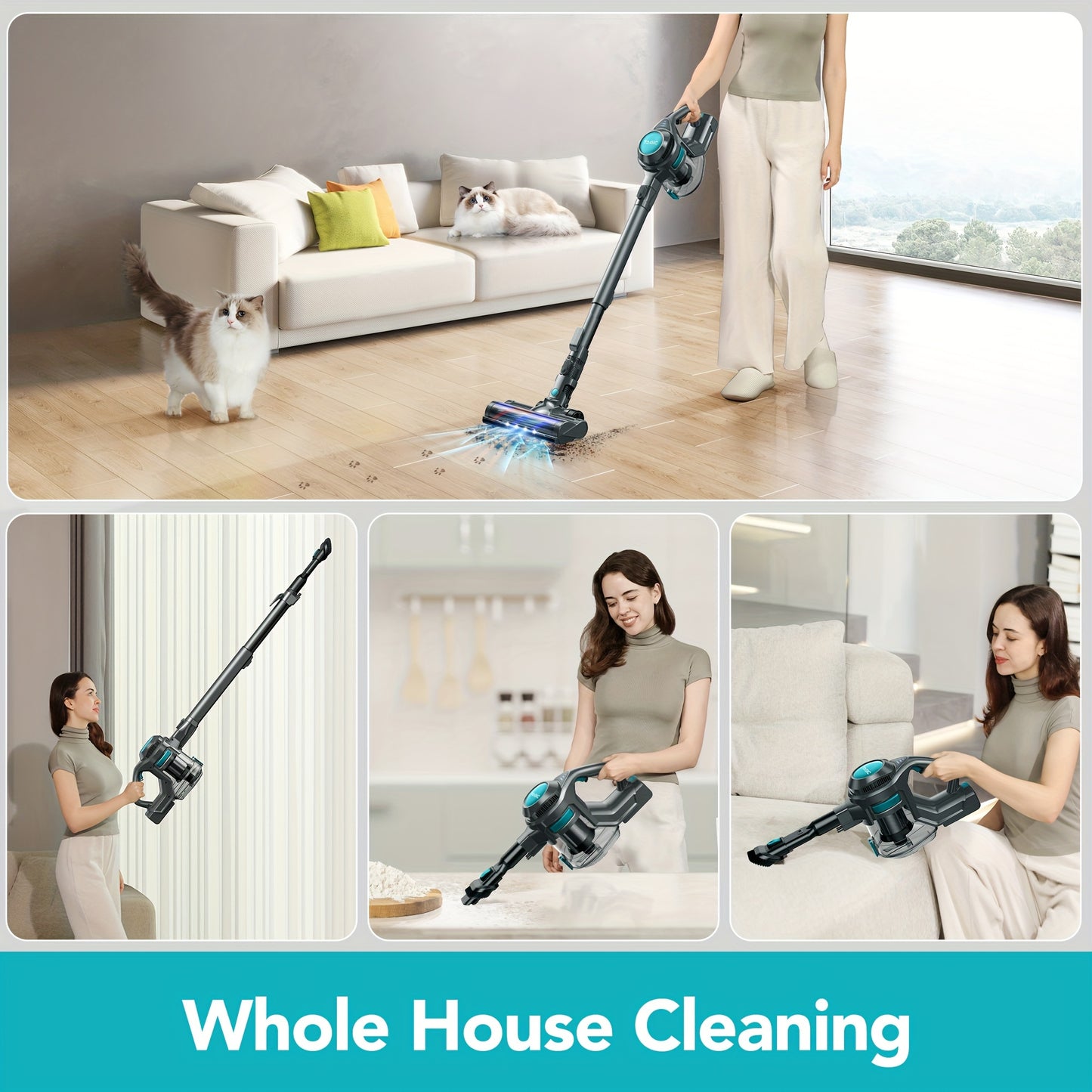 Cordless Vacuum Cleaner – Lightweight Stick Vacuum with Powerful Suction, Detachable Battery, LED Brush, 43.96oz Dust Cup, 4-in-1 Handheld for Home, Hard Floors, Carpet, Pet Hair