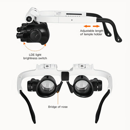 Head-Mounted Magnifier with 2 LED Lights - 10x, 15x, 20x, 25x Lenses for Close Work, Jewelry, Eyelash Extensions, Welding, Handmade & Cross-Stitch