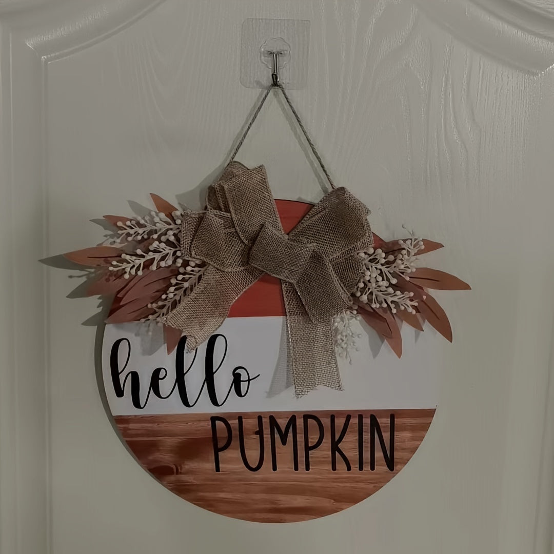 Rustic Wooden Hello Pumpkin Sign – Round Autumn Door Hanger with Bow and Foliage for Fall Harvest Home Decor