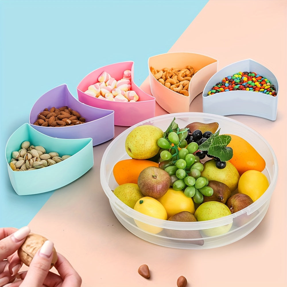 12.2-Inch Colorful Fruit Serving Tray with Lid – 5-Compartment Round Platter for Parties and Events