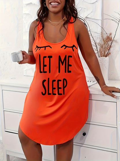 Women's Plus Size Casual Sleep Dress – Eyelash and Letter Print Racerback Tank Nightdress
