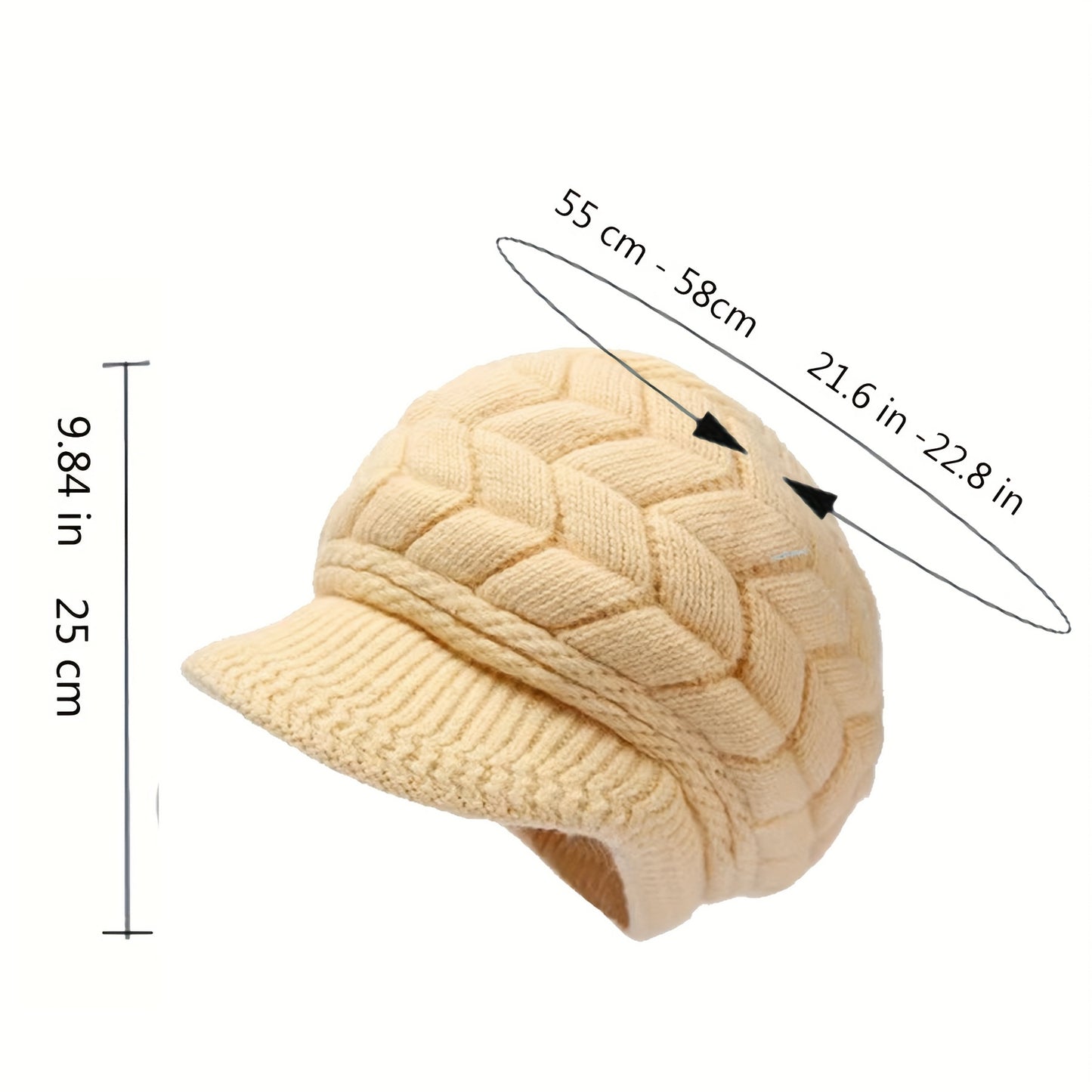 Winter Coldproof Beanie with Brim - Solid Color Ribbed Knit Hat, Elastic & Breathable Warm Beret for Women