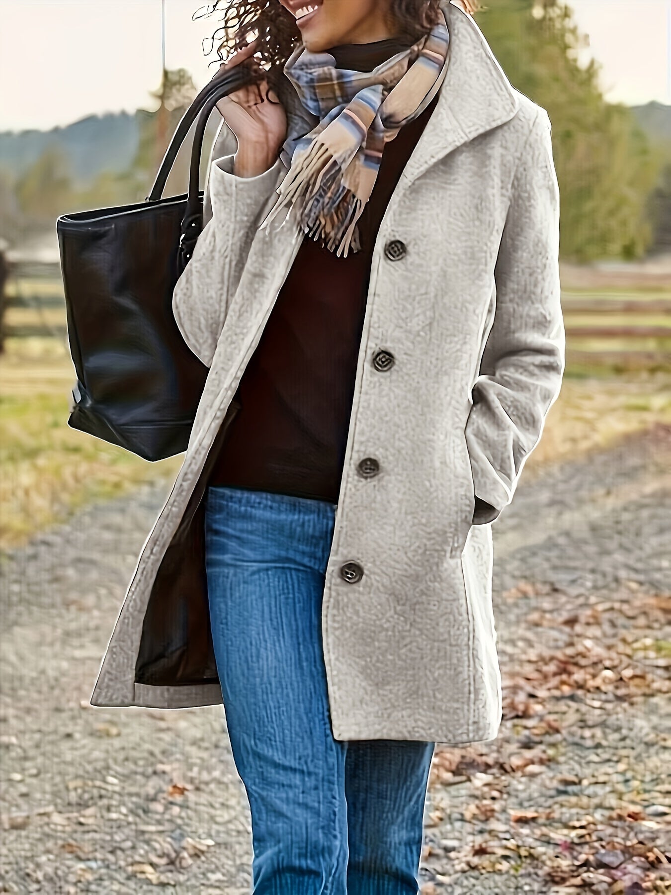 Women's Single-Breasted Overcoat - Solid Color Long Sleeve Casual Outerwear for Fall and Winter
