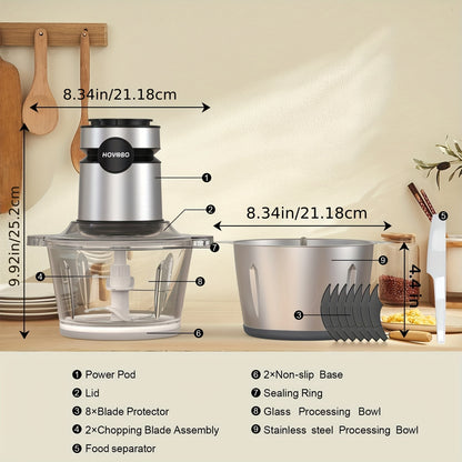 500W Food Processor – Electric Meat Grinder with 2 x 8-Cup Bowls, Bi-Level Blades, 2 Speed Settings – Ideal for Vegetables, Meat, Nuts, and Baby Food, Black