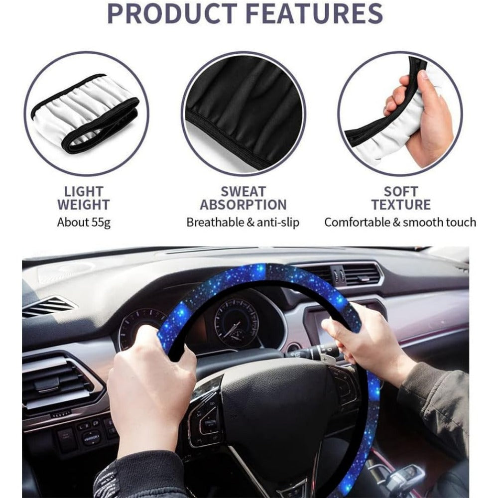 Blue Milky Way Sky Print Steering Wheel Cover - Anti-Slip, Elastic Universal Fit, 15" Protector for Cars, SUVs and Trucks