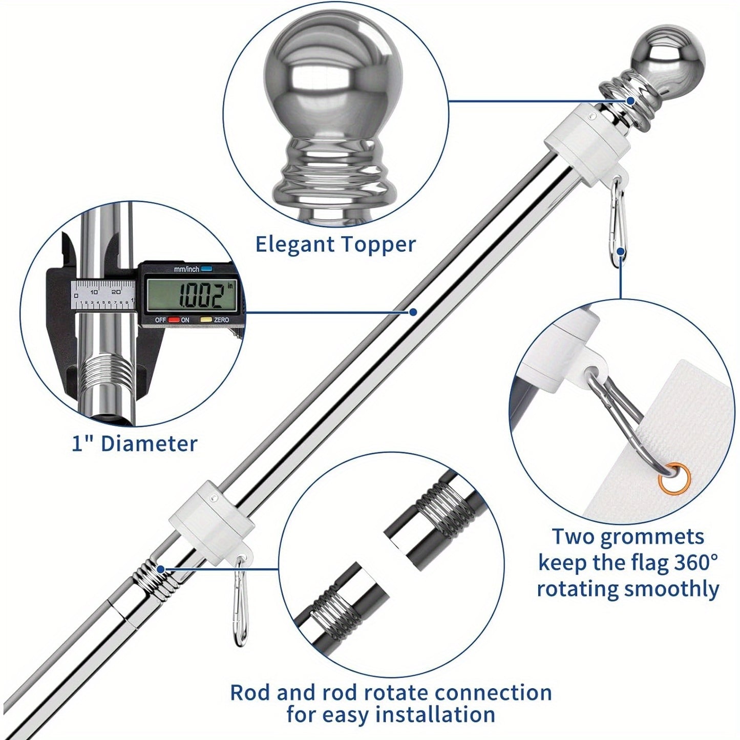 6FT Stainless Steel Flagpole Kit – Tangle-Free Flagpole with Upgraded Bracket, Residential or Commercial Use, for Proud American Flag (No Flag, Silvery)
