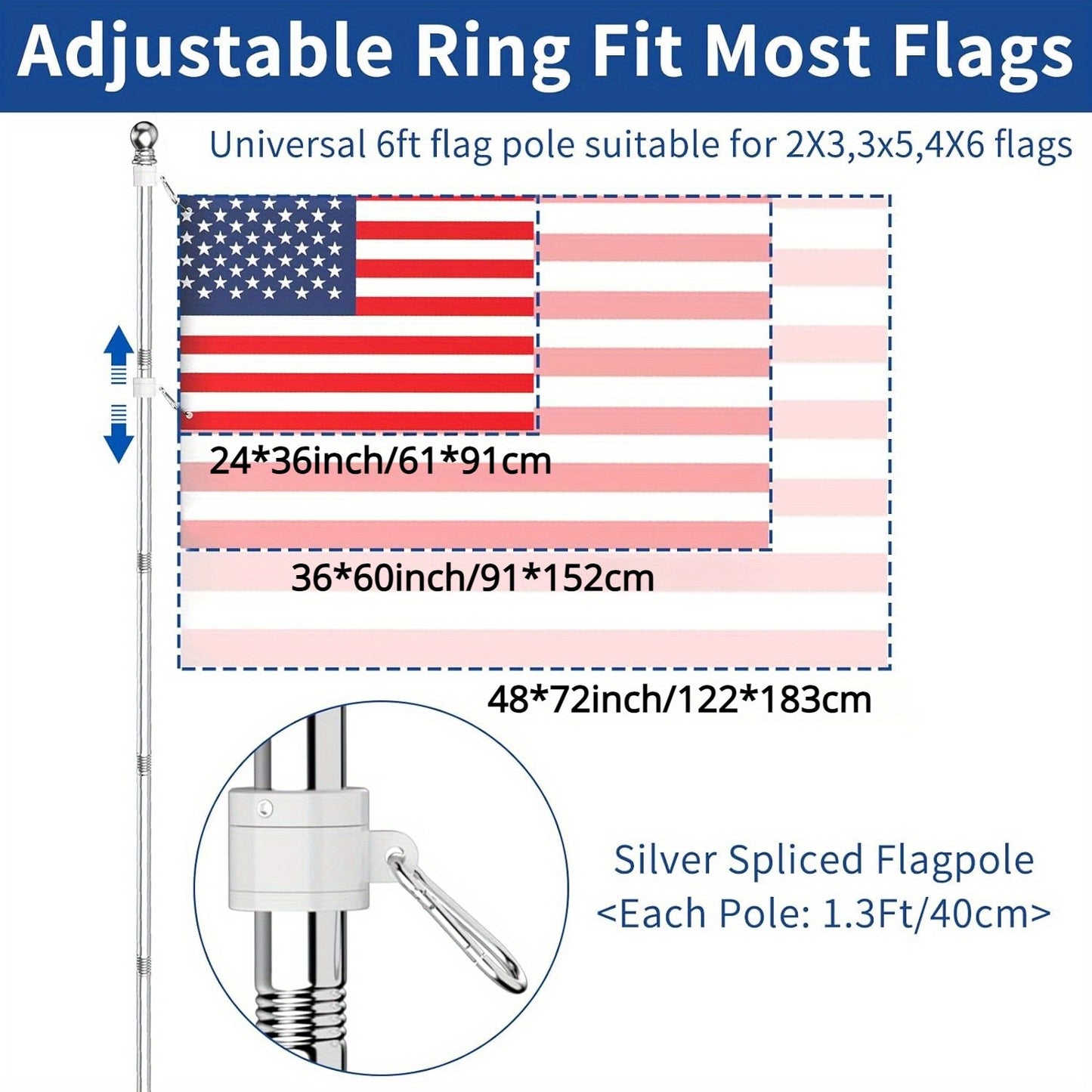 6FT Stainless Steel Flagpole Kit – Tangle-Free Flagpole with Upgraded Bracket, Residential or Commercial Use, for Proud American Flag (No Flag, Silvery)