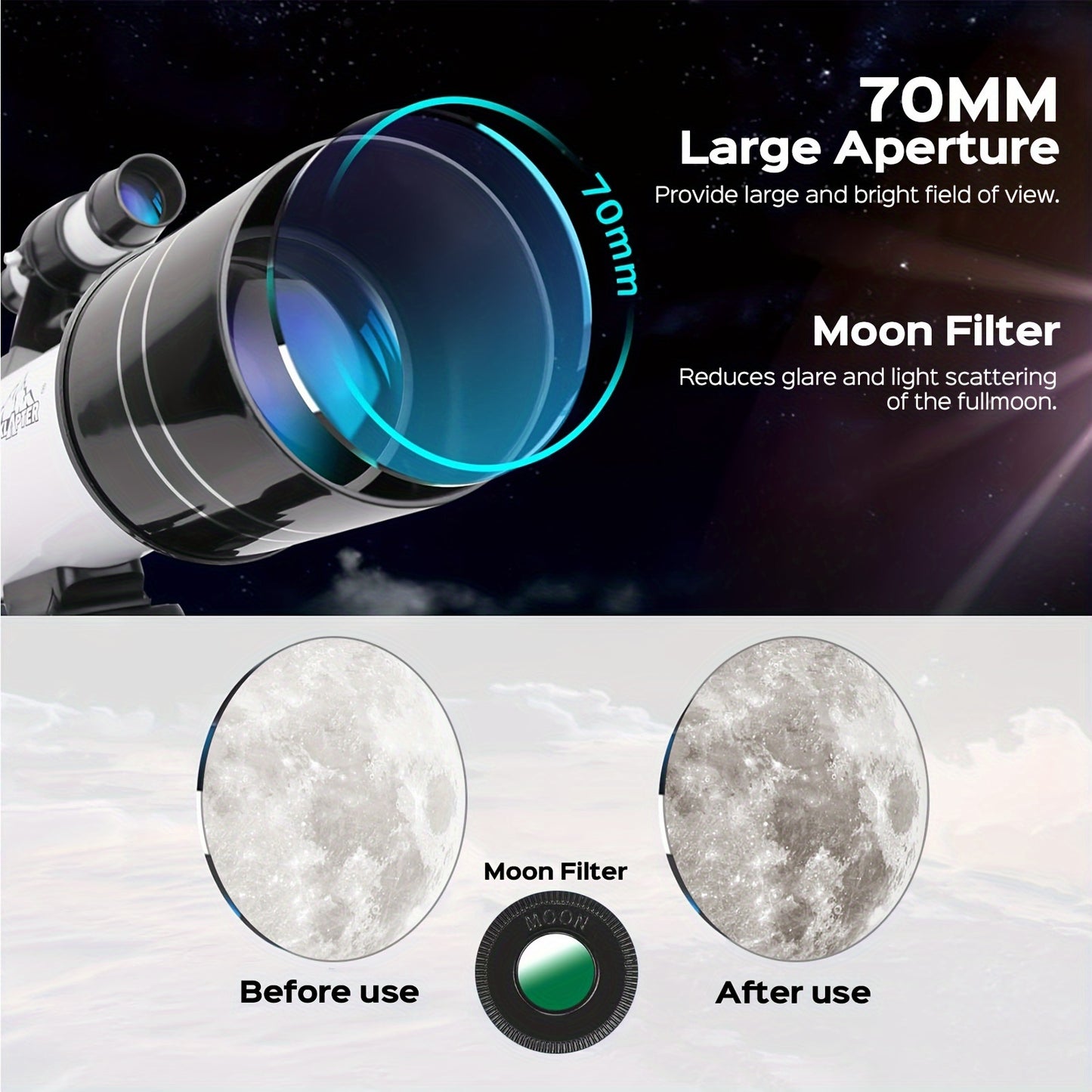 150X High-Powered Refractor Telescope - Portable 70mm Aperture Astronomical Telescope with Tripod, Phone Adapter, and Wireless Remote for Adults and Kids, Ideal for Stargazing and Space Exploration