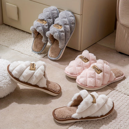 Cozy Plaid Colorblock Slippers for Men & Women - Warm, Non-Slip Indoor Shoes with Soft Faux Rabbit Fur Lining [Fast Arrival]