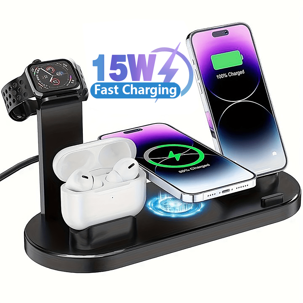 15W Fast Charging Station - Folding Wireless Charger Stand for Samsung, iPhone 15 14, 13, 12, 11/Pro/Max/Mini/Plus, X, XR, XS/Max, SE, 8/Plus, For Apple Watch 1-8, Airpods 3/2/Pro