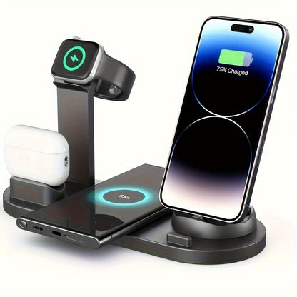 15W Fast Charging Station - Folding Wireless Charger Stand for Samsung, iPhone 15 14, 13, 12, 11/Pro/Max/Mini/Plus, X, XR, XS/Max, SE, 8/Plus, For Apple Watch 1-8, Airpods 3/2/Pro