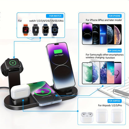 15W Fast Charging Station - Folding Wireless Charger Stand for Samsung, iPhone 15 14, 13, 12, 11/Pro/Max/Mini/Plus, X, XR, XS/Max, SE, 8/Plus, For Apple Watch 1-8, Airpods 3/2/Pro