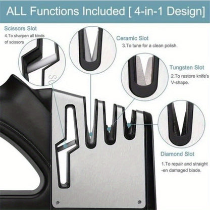 4 in 1 Kitchen Knife and Scissors Sharpener – Professional Tungsten Tool for Fast and Efficient Sharpening, Ideal for Outdoor and Household Use