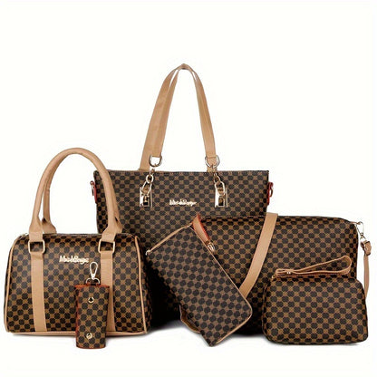 6pcs Fashion-Forward Geometric Bag Collection – Stylish Tote, Chic Boston Handbag, Versatile Crossbody, Spacious Wallet, Elegant Clutch and Key Holder Set for Women